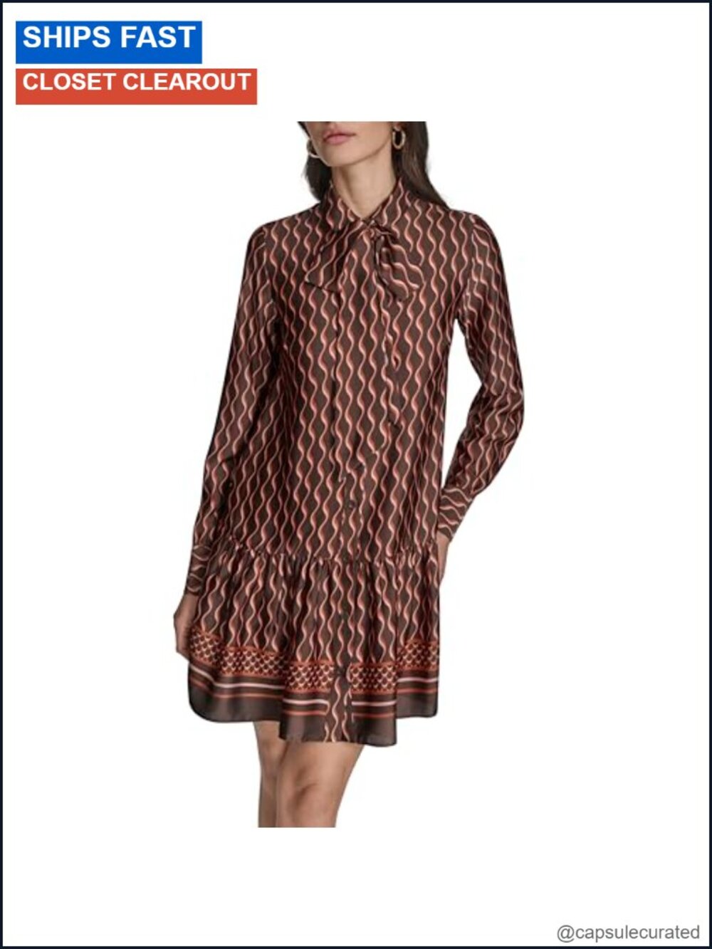Long Sleeve Collared Tie Neck Ruffle Trim Mini Dress